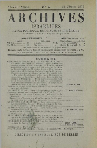 Archives israélites de France. Vol.37 N°04 (15 févr. 1876)